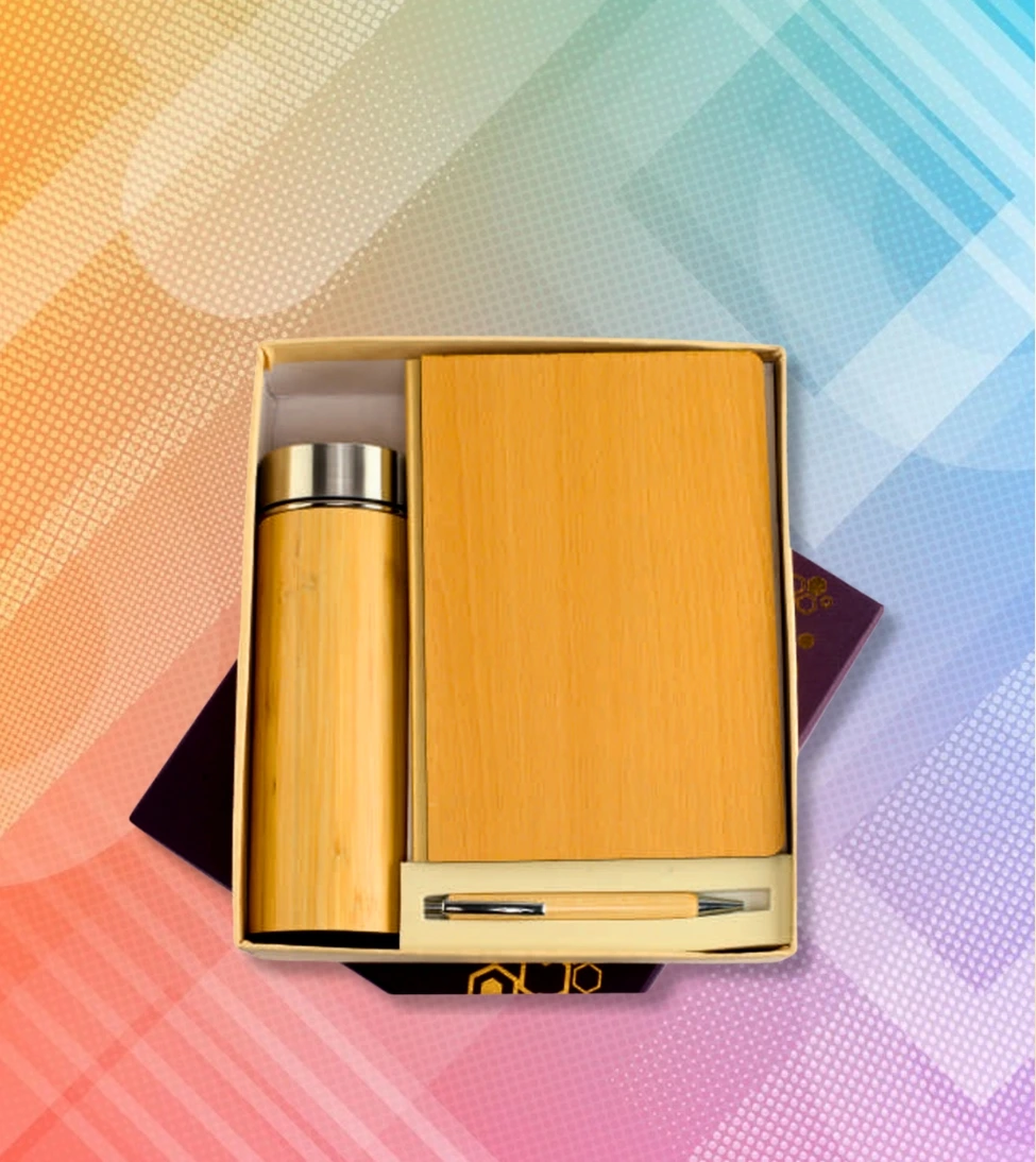 DW 1037 Wooden Notebook with Pen & Metal Bottle Gift Set